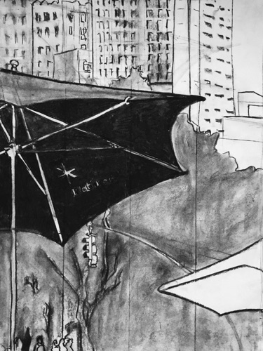 Flatiron Umbrellas;
charcoal on paper, 24 x 18"